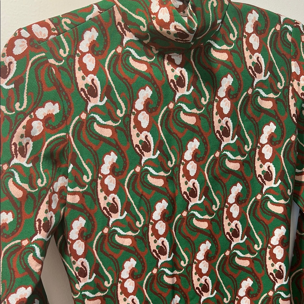 Zara Green Abstract Print Floral Mock Neck Slit Maxi Dress